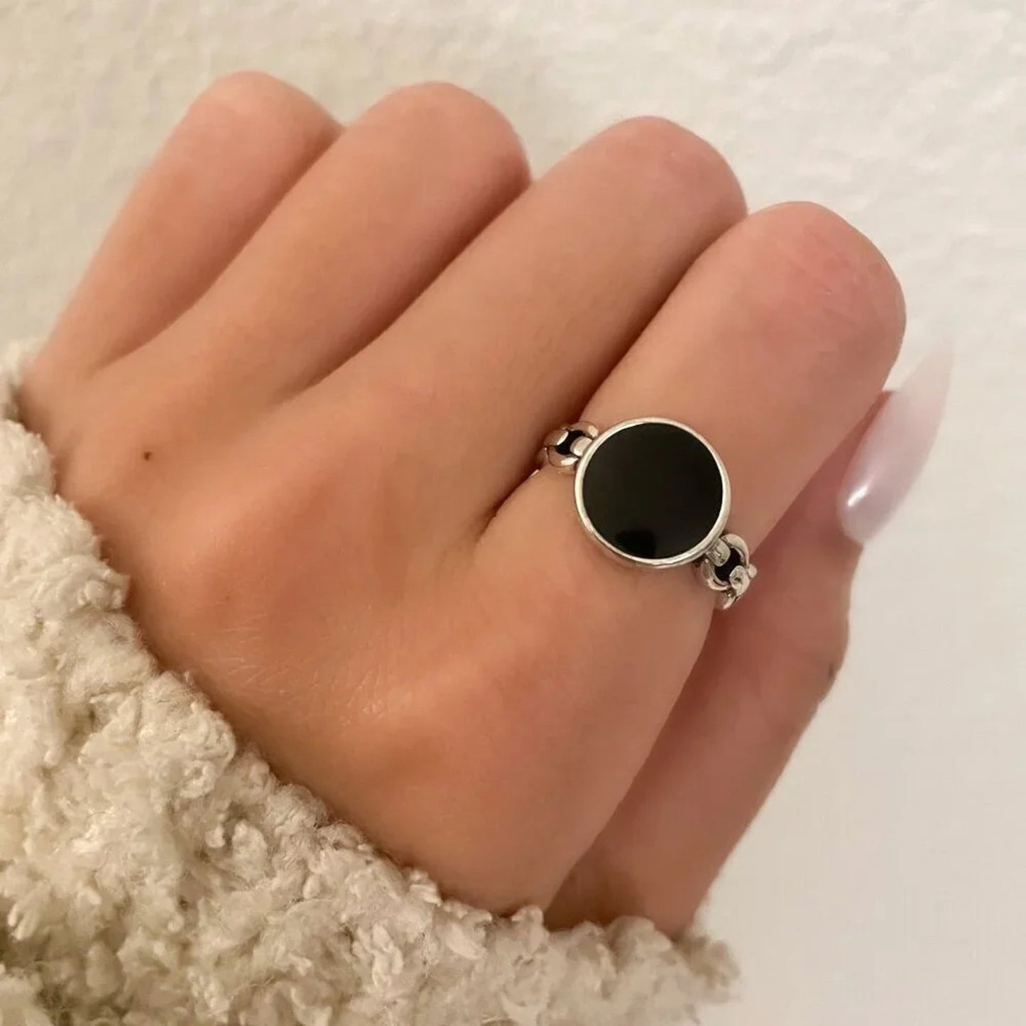 925 Sterling Silver Black Circle Ring Curb Chain Ring Band Minimalist Ring