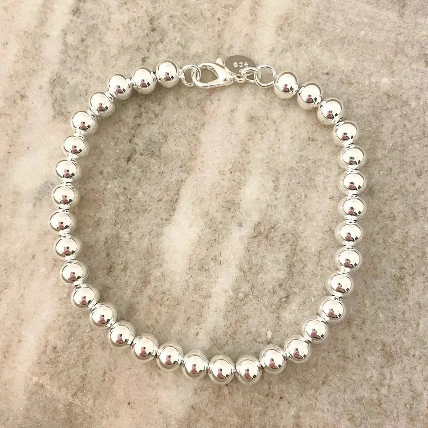 925 Sterling Silver Bead Bracelet 6 MM Ball Bracelet Large Round Bracelet