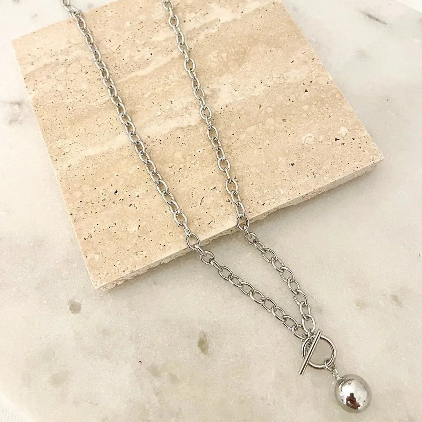 925 Sterling Silver Chunky Toggle Ball Necklace Minimalist Ball Pendant Necklace
