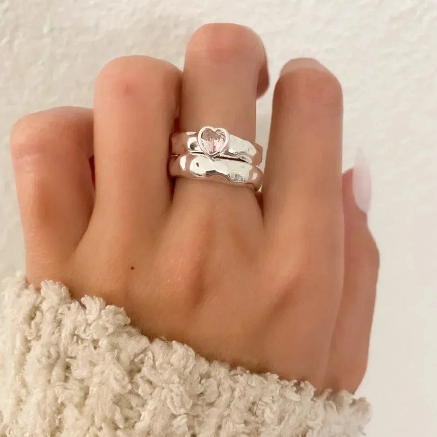 925 Sterling Silver Minimalist Ring Hammered Ring Band Pink Heart Ring