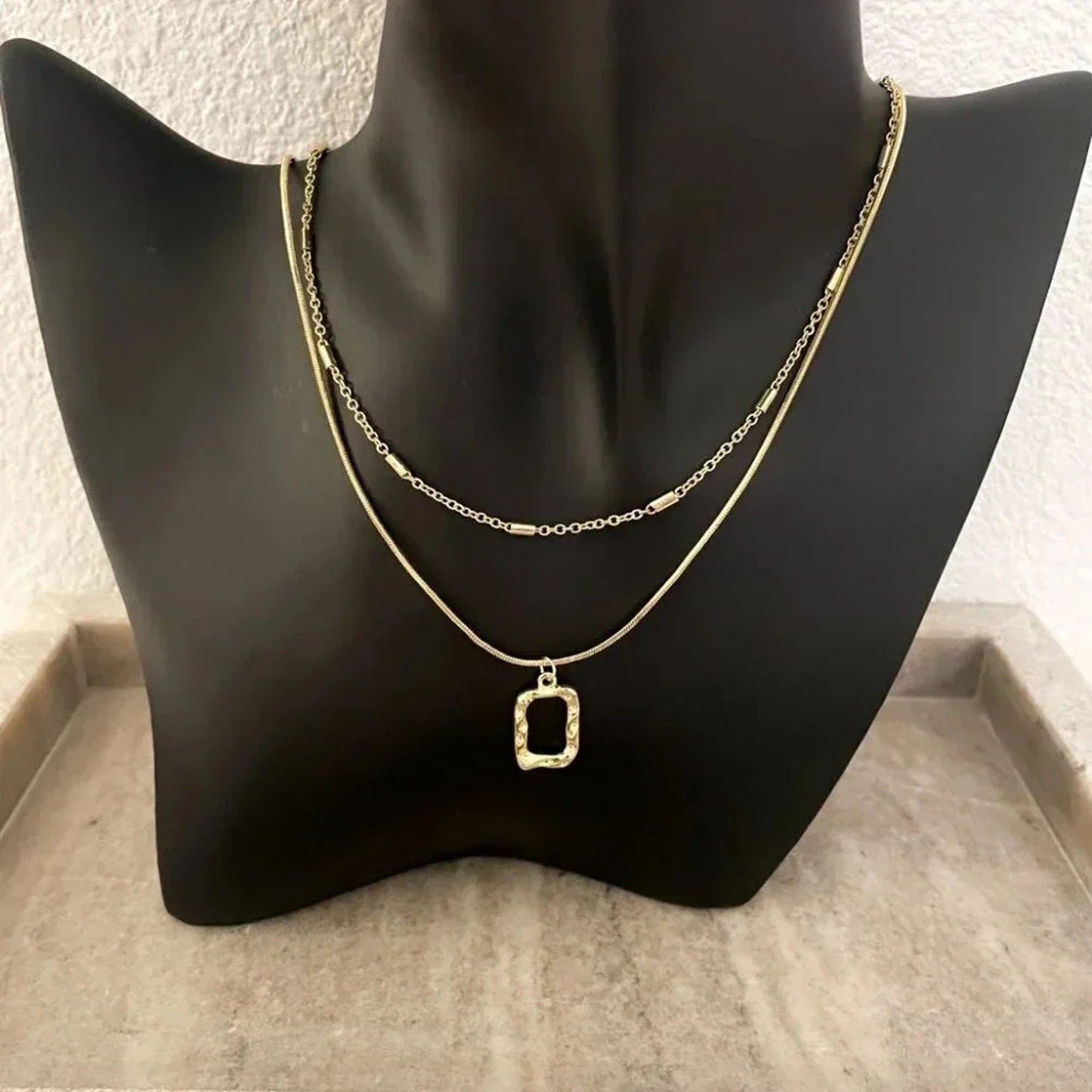 925 Sterling Silver Necklace Set Geometric Textured Square Pendant Sequin Chain