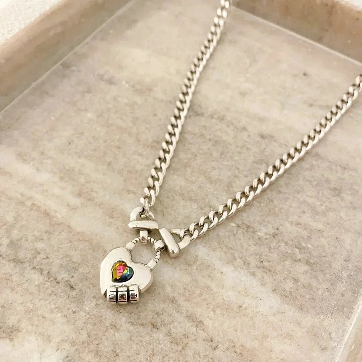 925 Sterling Silver Curb Chain Link Necklace Heart Necklace Heart Lock Chain