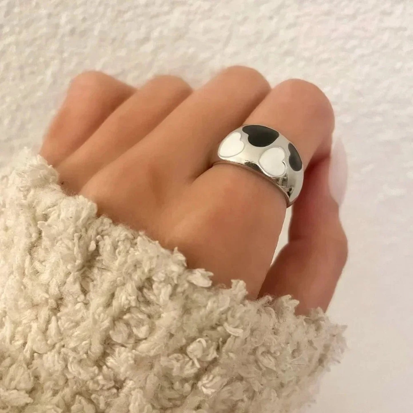 925 Sterling Silver Heart Ring Black & White Heart Ring Geometric Ring Band
