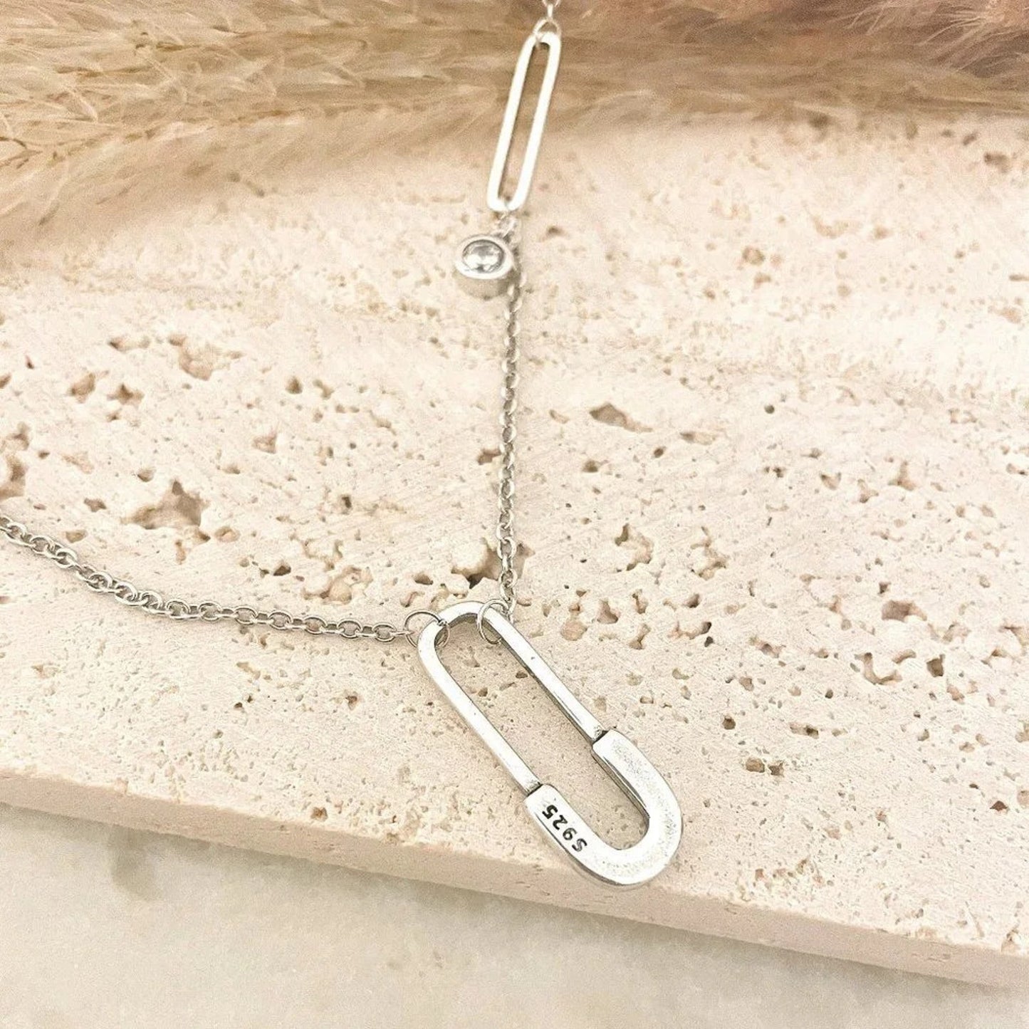 925 Sterling Silver Paperclip Necklace Safety Pin Necklace Modern Necklace