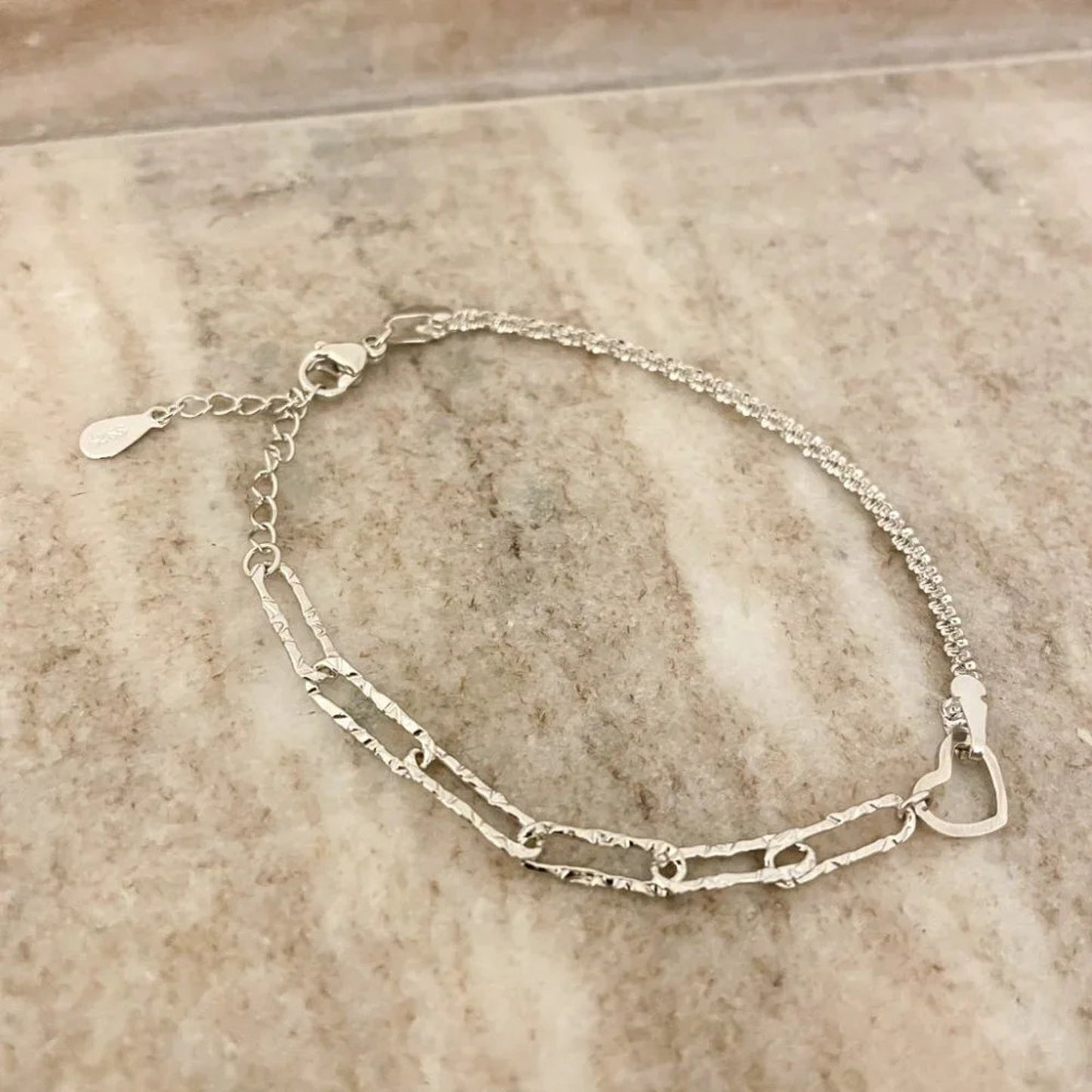 925 Sterling Silver Heart Bracelet Dainty Minimalist Layer Sequin Link Bracelet