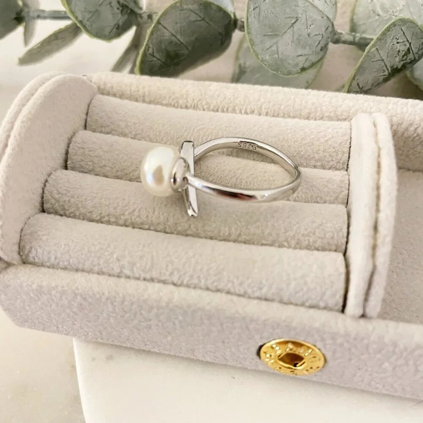 925 Sterling Silver Pearl Ring Bar Ring Minimalist Dainty Ring Pearl Accent Ring