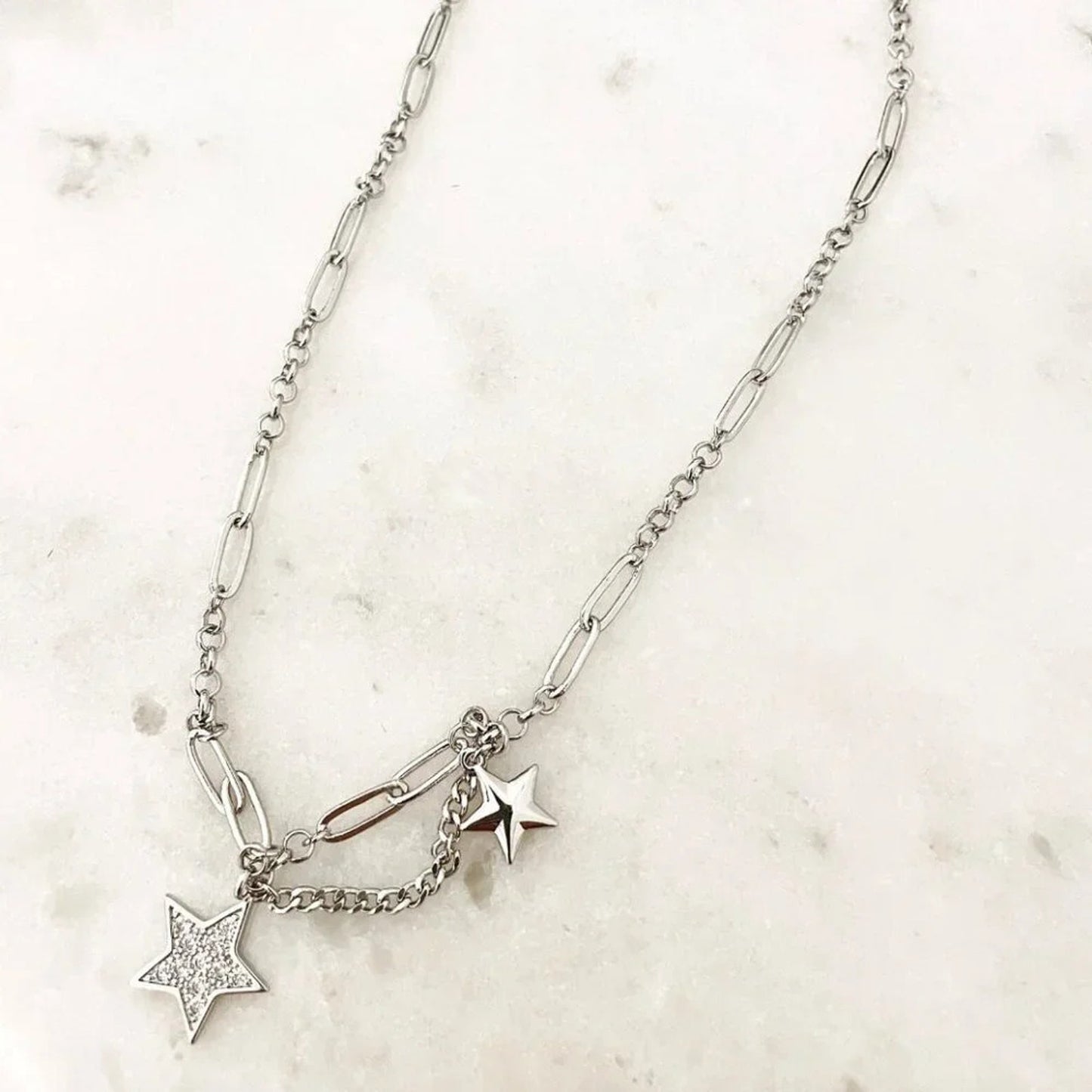 925 Sterling Silver Star Chain Link Necklace Dangle Chain Vintage Necklace