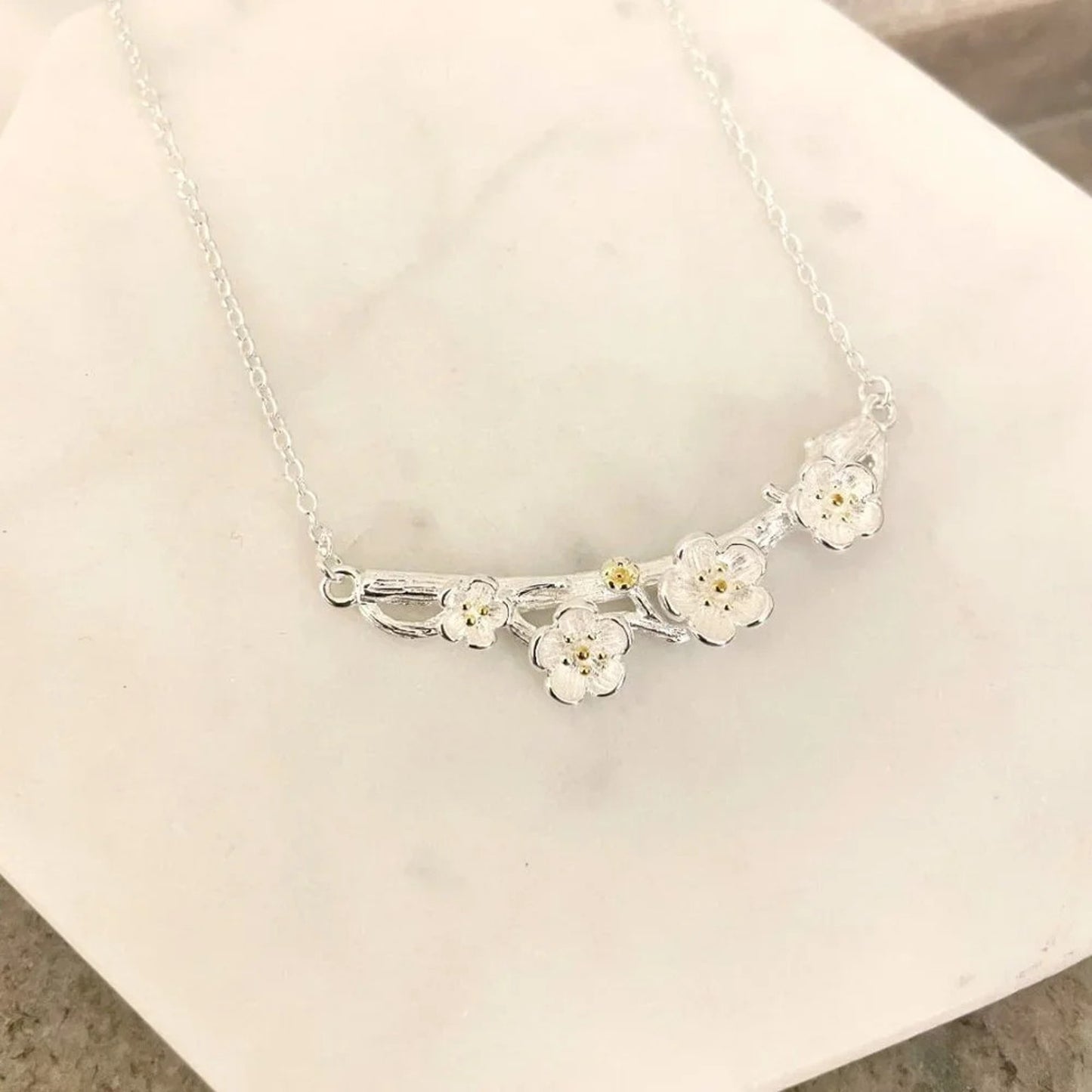 925 Sterling Silver Flower Bar Necklace Flower Necklace Branch Twig Necklace