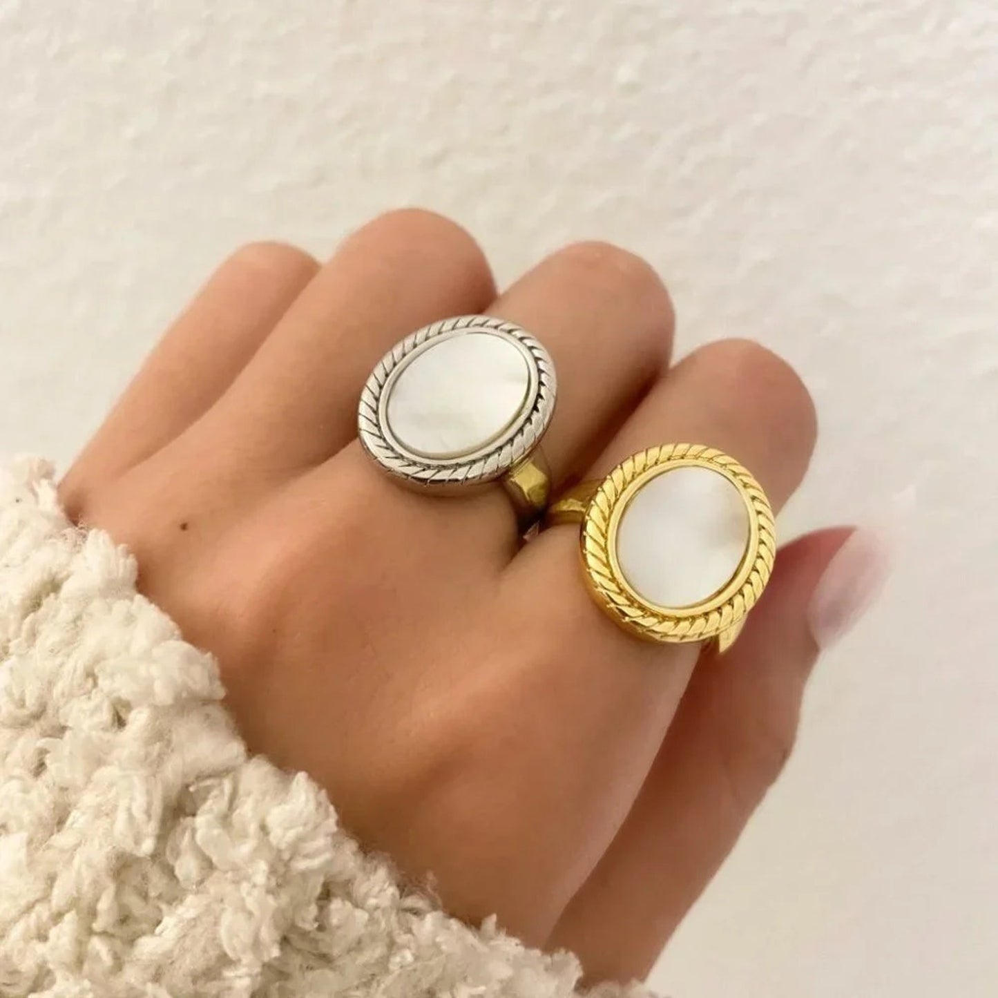 925 Sterling Silver Mother of Pearl Statement Ring Chunky Ring Round Oval Rng