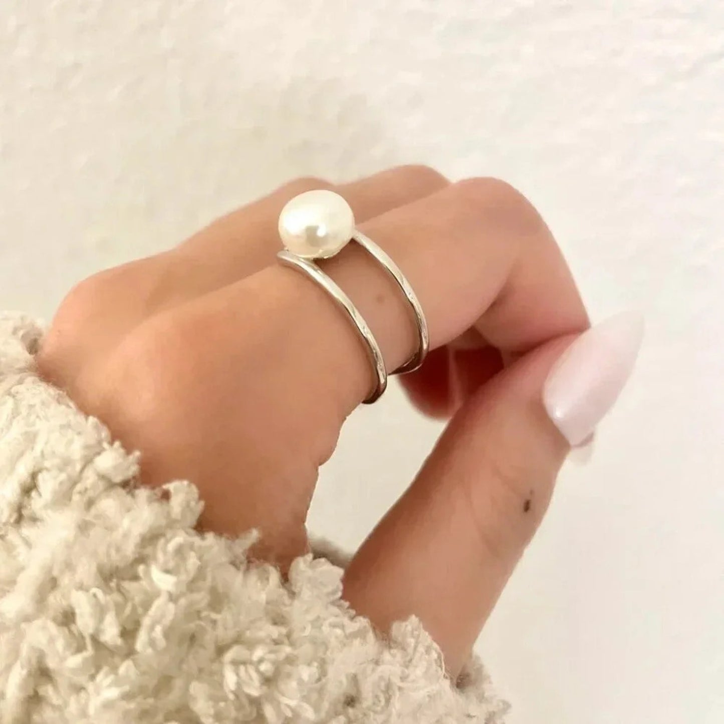 925 Sterling Silver Pearl Ring Minimalist Dainty Ring Pearl Accent Ring