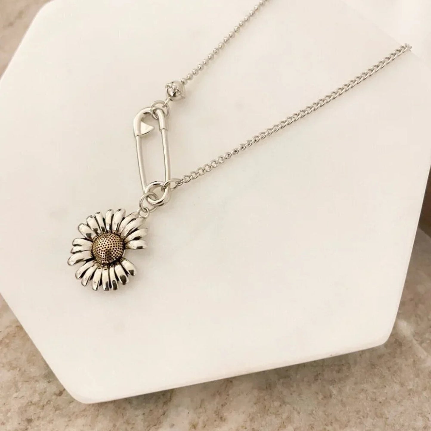925 Sterling Silver Sunflower Necklace Modern Flower Necklace Paperclip Necklace
