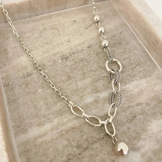 925 Sterling Silver Chain Link Ball Necklace Modern Asymmetric Bead Necklace