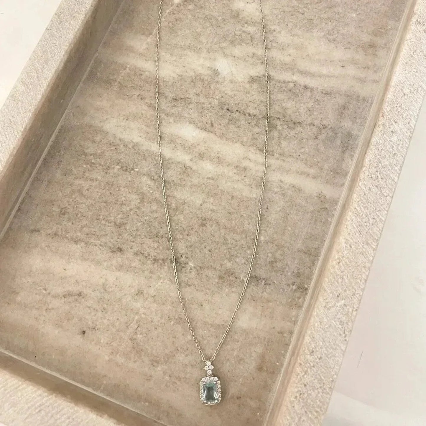 925 Sterling Silver Aquamarine Pendant Necklace Dainty CZ Diamond Necklace