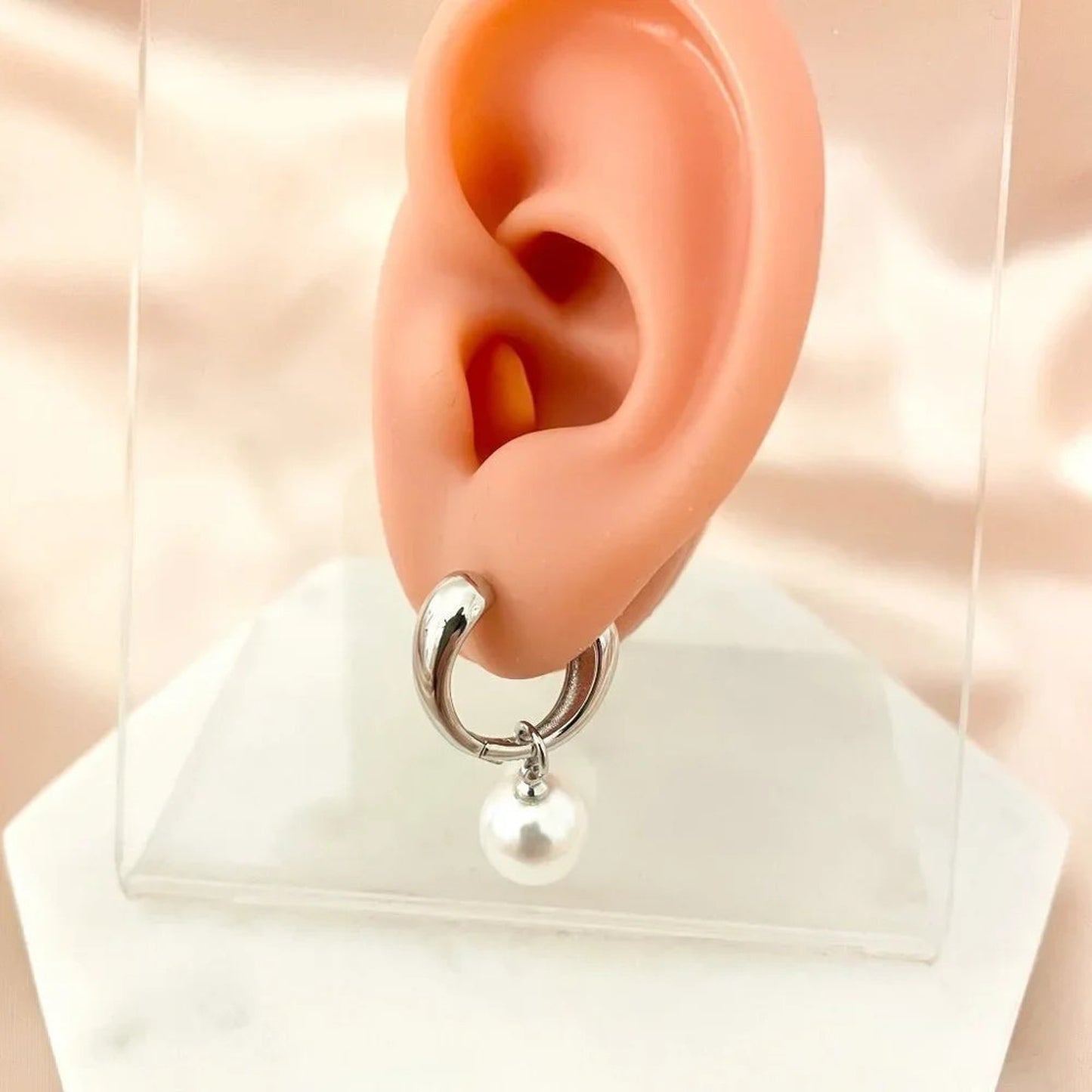925 Sterling Silver Pearl Hoop Earrings Pearl Dangle Earrings