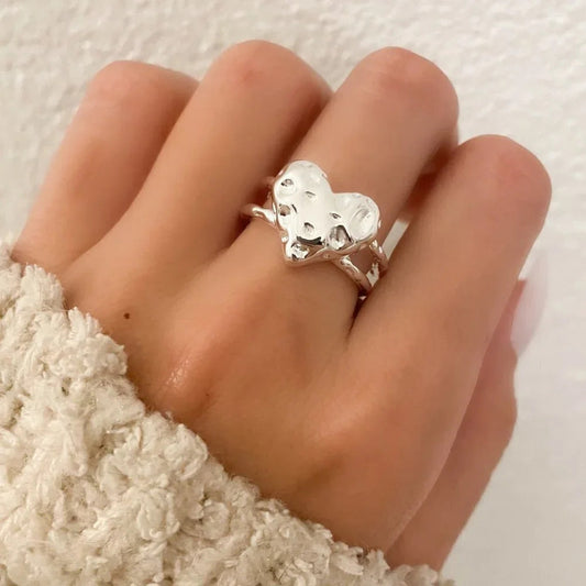 925 Sterling Silver Textured Foil Heart Ring Geometric Ring Silver Heart Ring