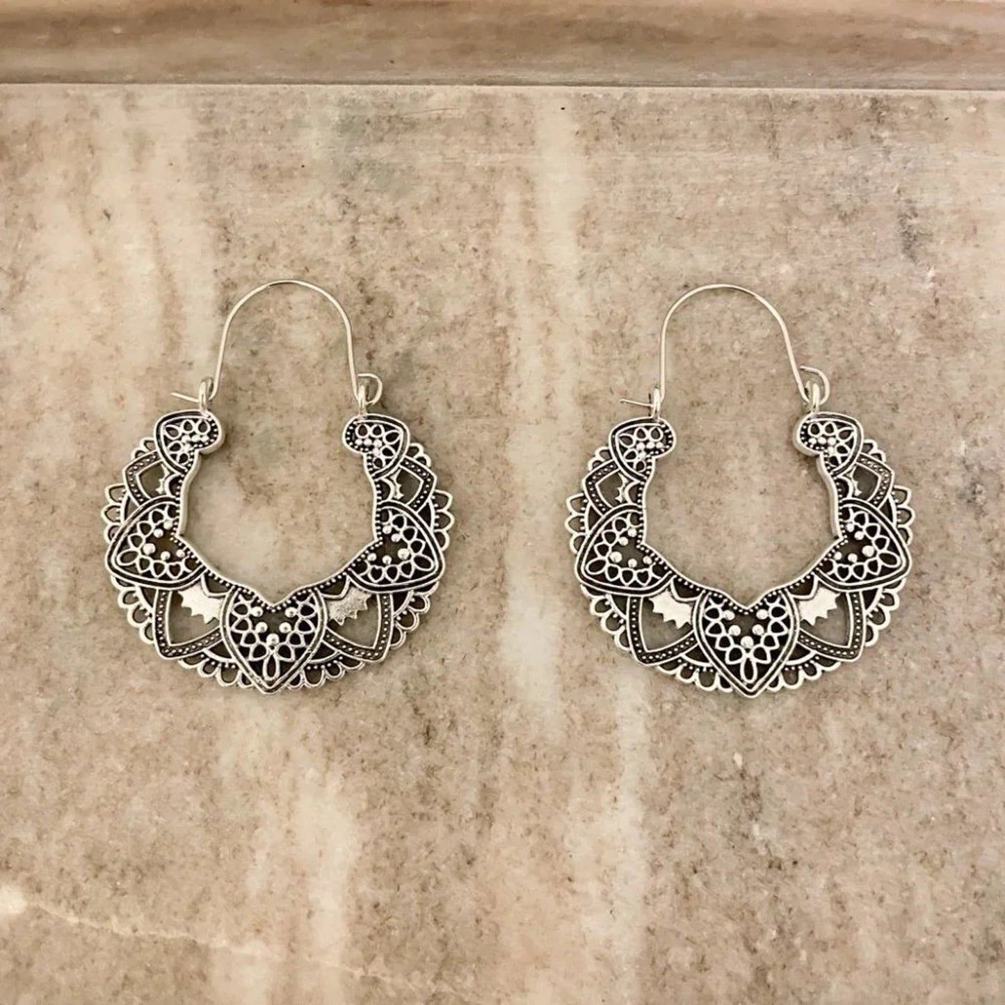 925 Sterling Silver Ethnic Boho Hoop Earrings Large Silver Hoop Vintage Earrings