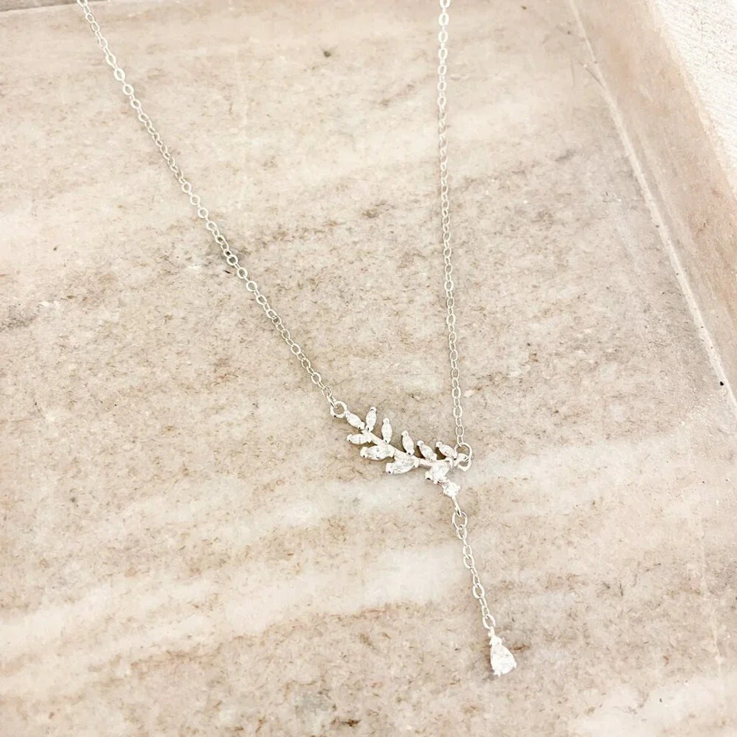925 Sterling Silver Dainty Diamond Necklace CZ Leaf Necklace Twig Necklace
