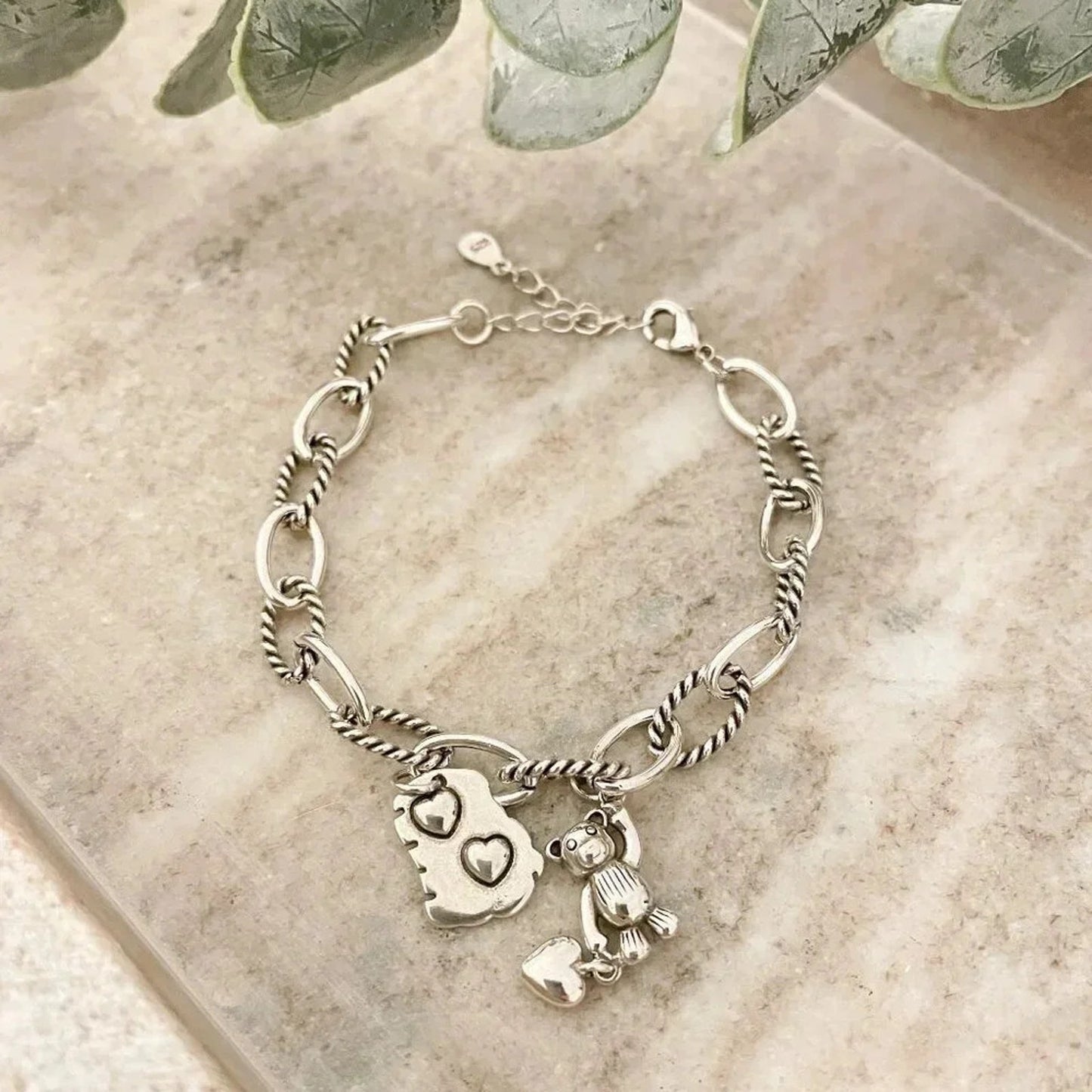 925 Sterling Silver Bear Bracelet Heart Charm Bracelet Silver Link Bracelet