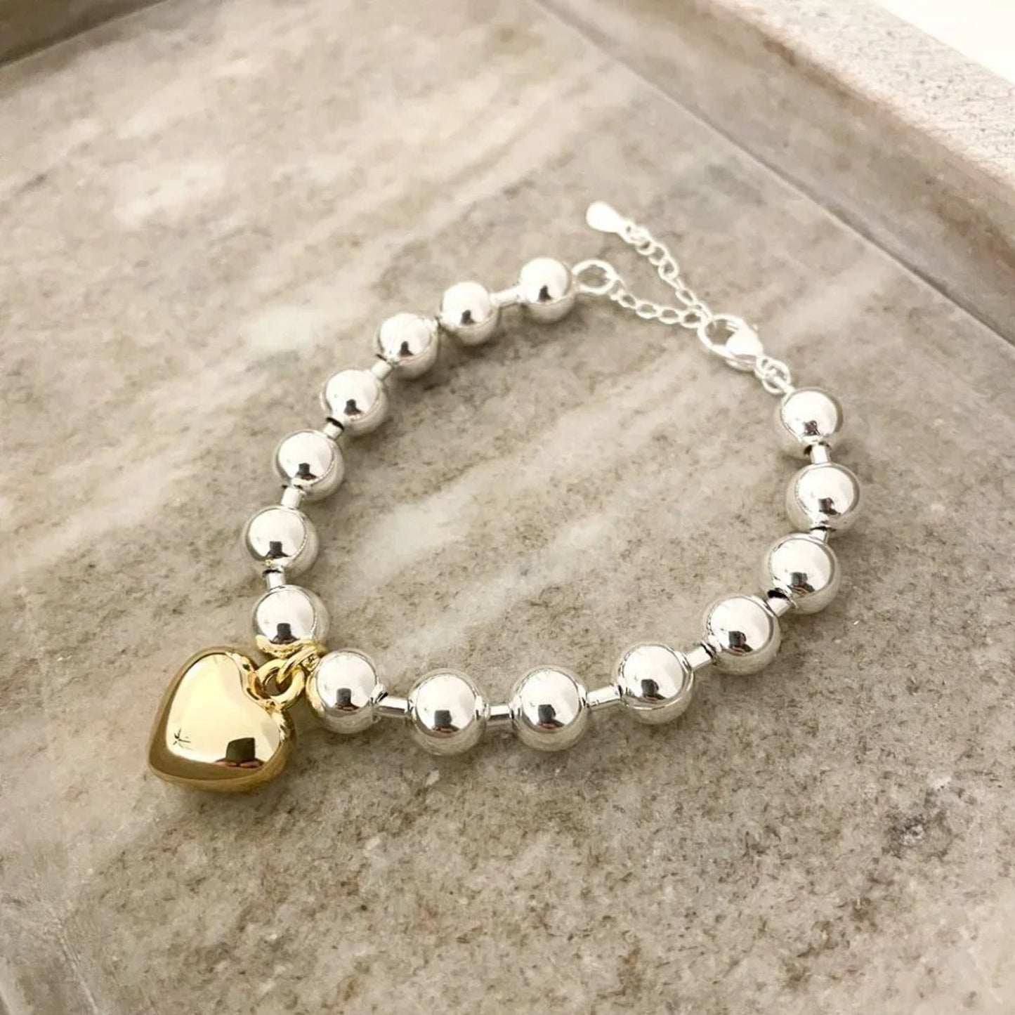 925 Sterling Silver Bead Bracelet Two Tone Chunky Heart Bracelet Dangle Heart