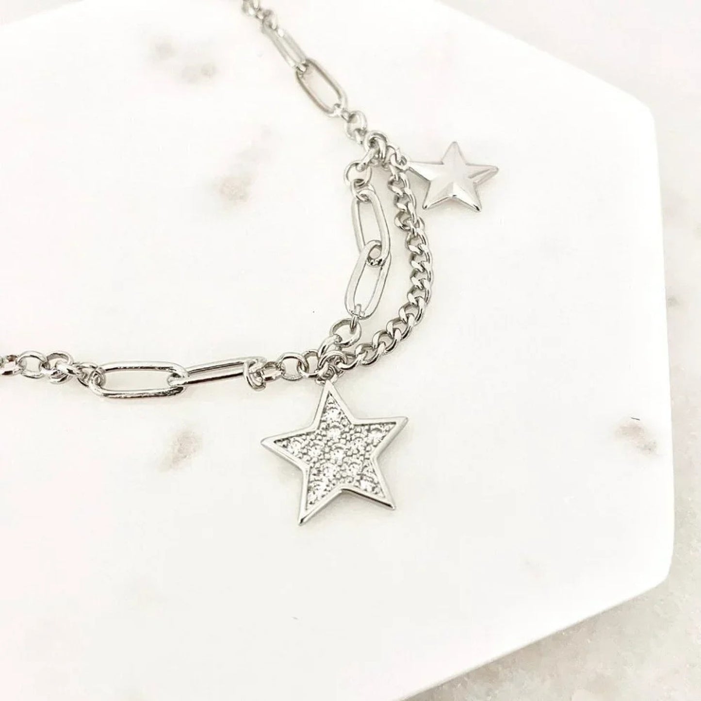 925 Sterling Silver Star Chain Link Necklace Dangle Chain Vintage Necklace