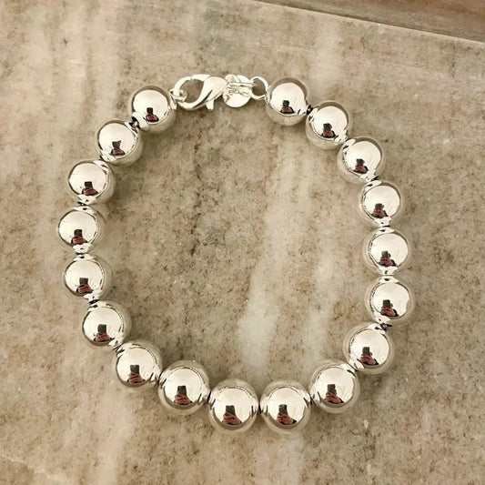 925 Sterling Silver Bead Bracelet 10 MM Ball Bracelet Large Round Bracelet