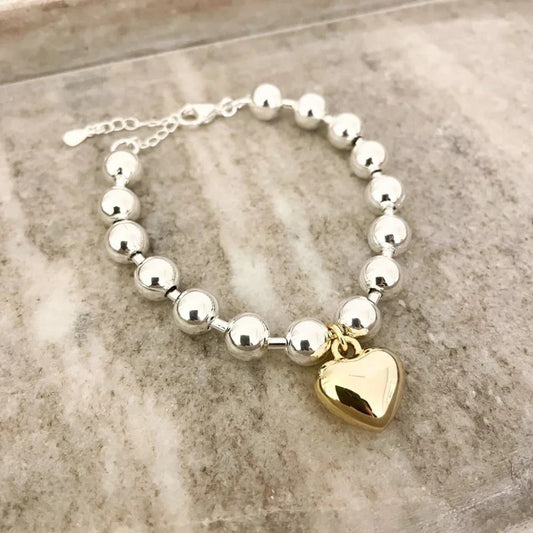 925 Sterling Silver Bead Bracelet Two Tone Chunky Heart Bracelet Dangle Heart