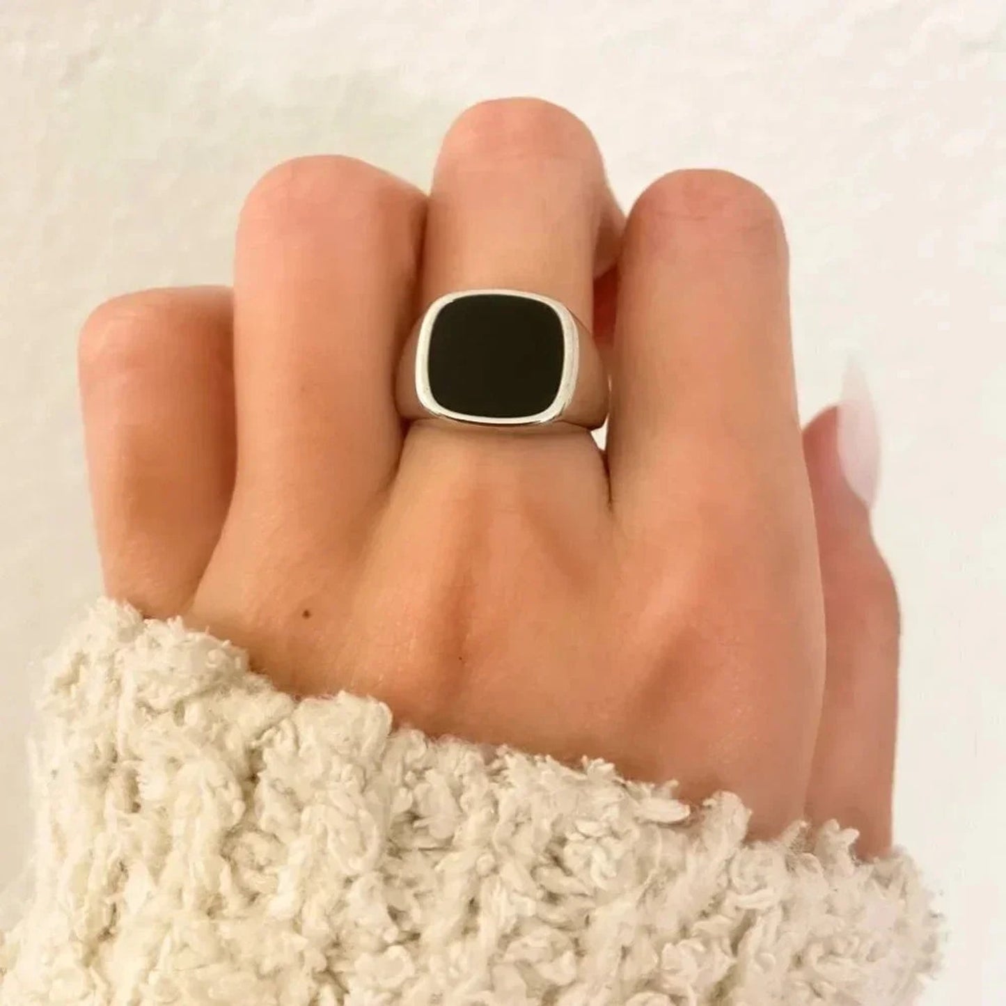 925 Sterling Silver Black Square Ring Chunky Ring Oval Ring Thick Ring