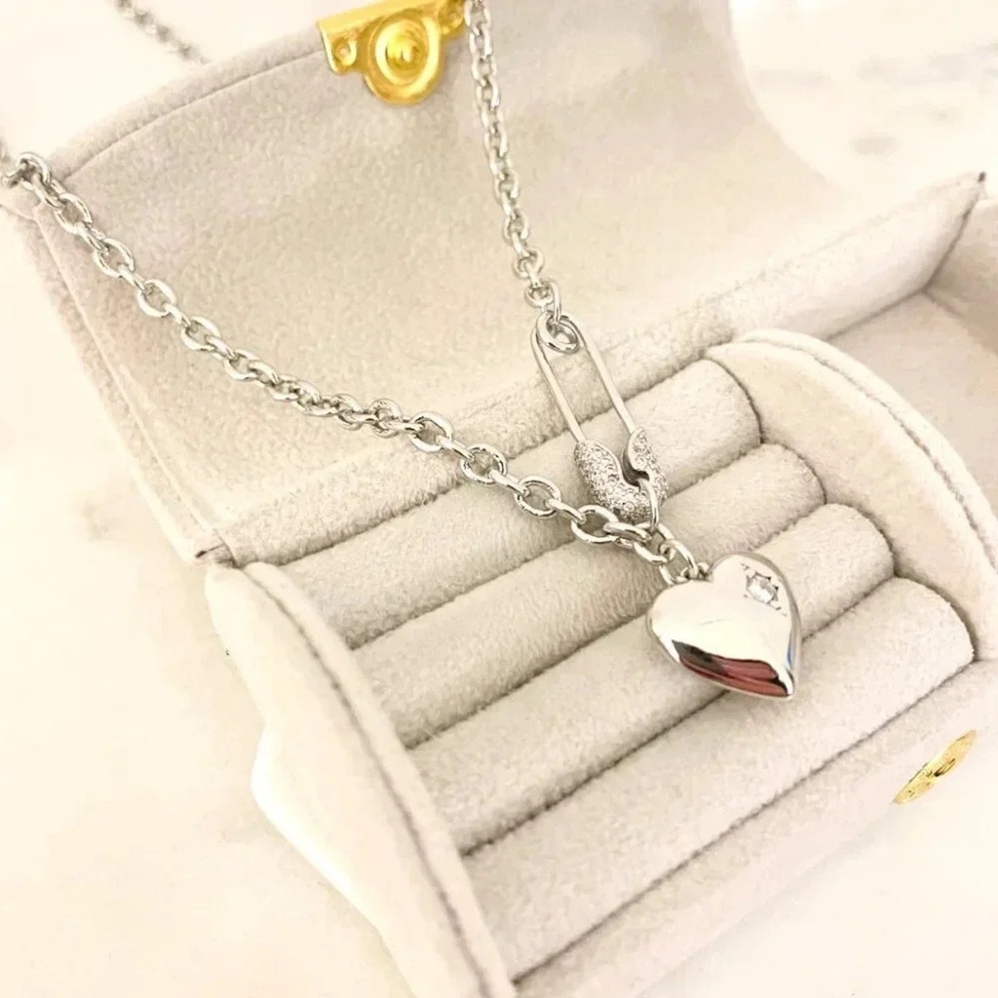 925 Sterling Silver Heart Pendant Necklace Heart Paperclip Safety Pin Necklace