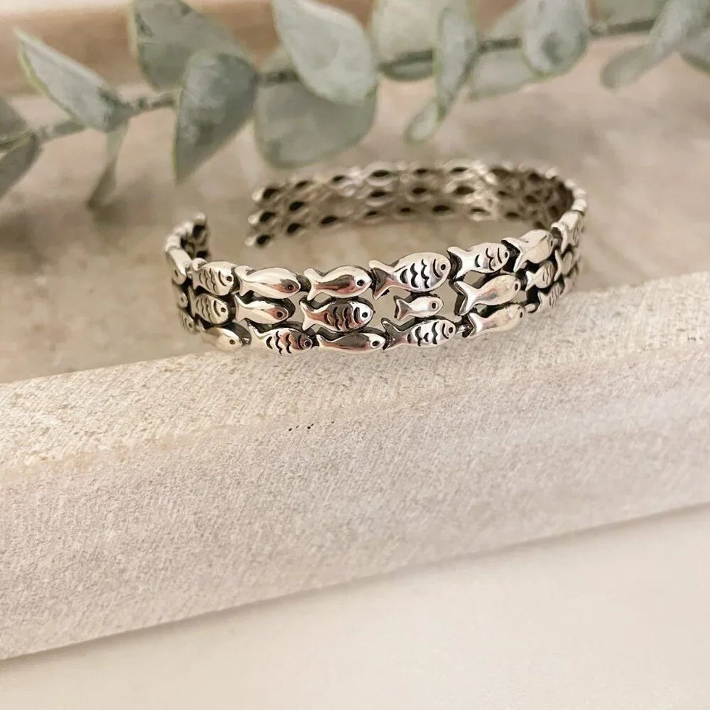 925 Sterling Silver Cuff Bracelet School of Fish Bracelet Silver Bangle Bracelet