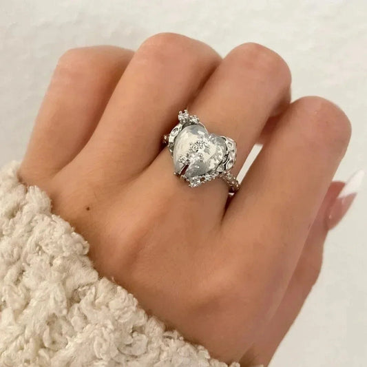 925 Sterling Silver Crystal Heart Ring Geometric Modern Heart Ring Crystal Ring