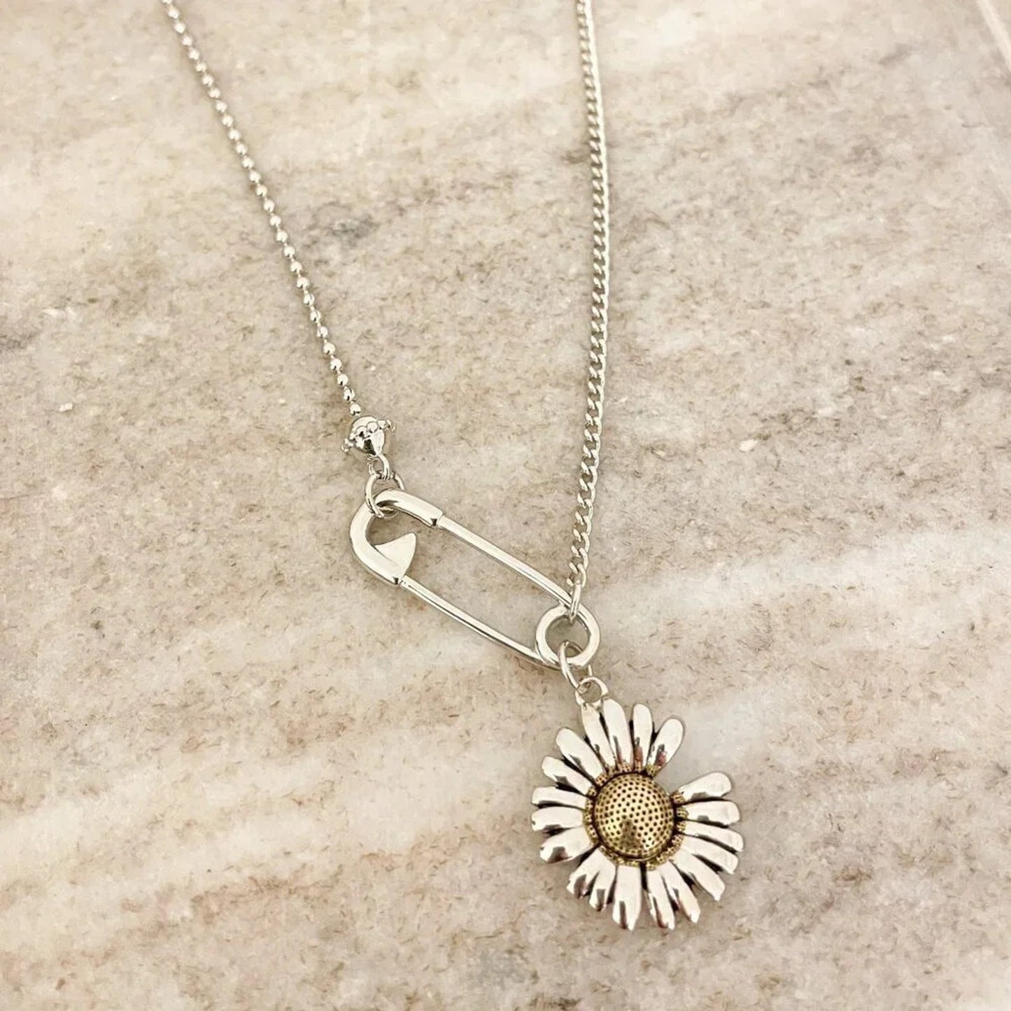 925 Sterling Silver Sunflower Necklace Modern Flower Necklace Paperclip Necklace