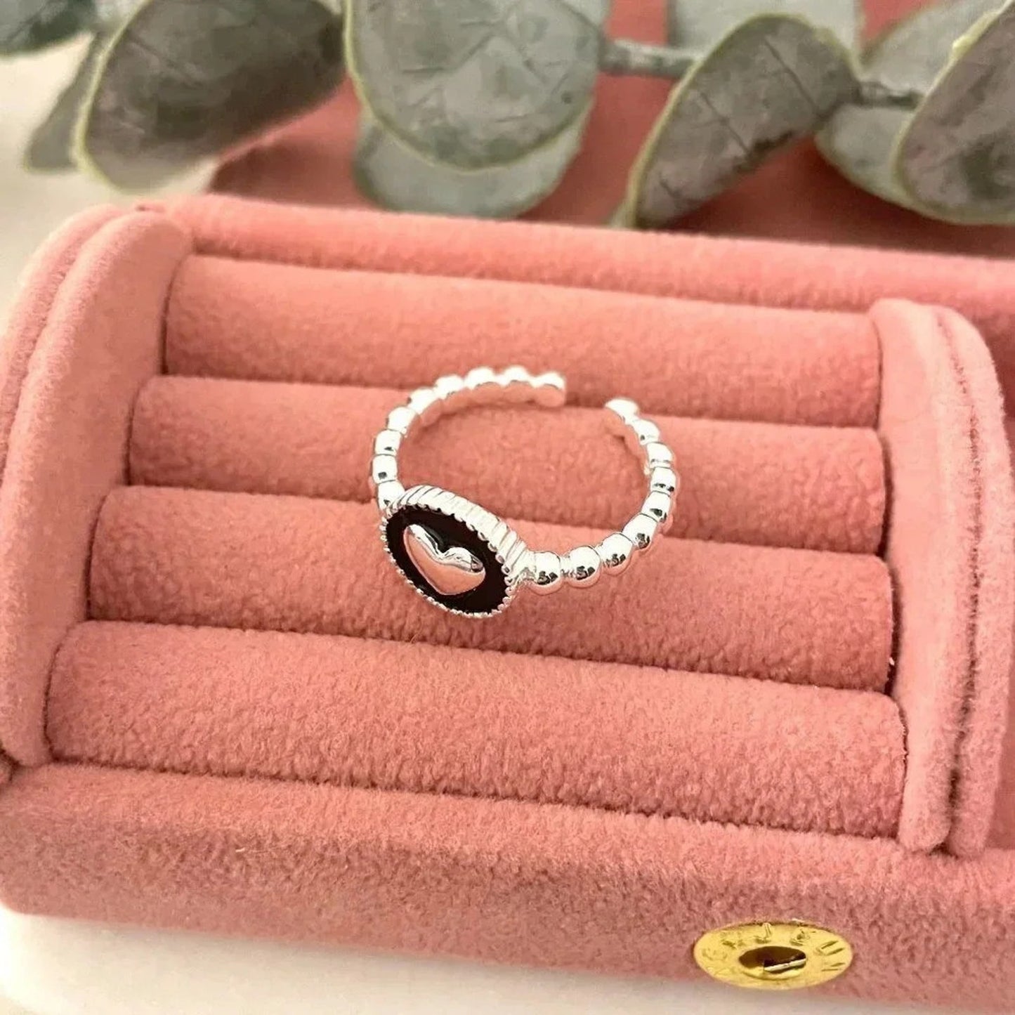 925 Sterling Silver Minimalist Black Heart Ring Dainty Heart Bead Ring