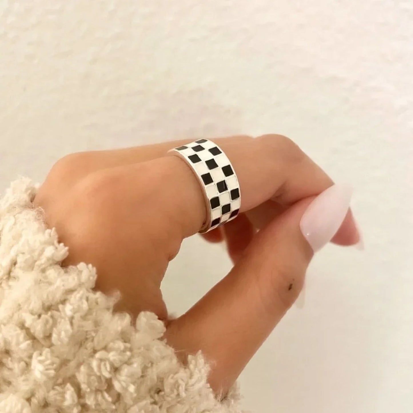 925 Sterling Silver Black & White Checkered Ring Minimalist Ring