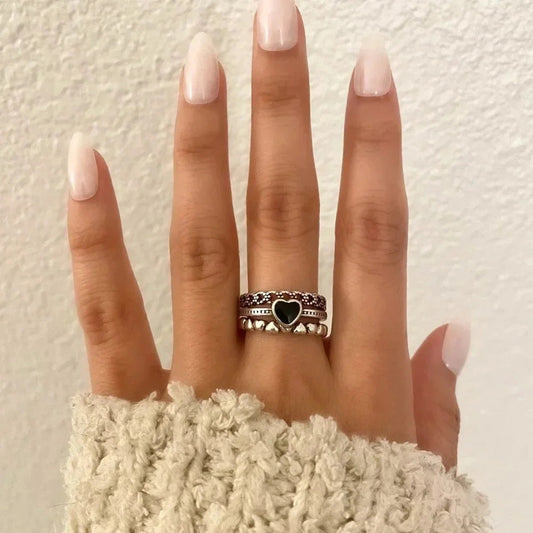 925 Sterling Silver Black Heart Minimalist Ring Vintage Boho Stackable Ring Band