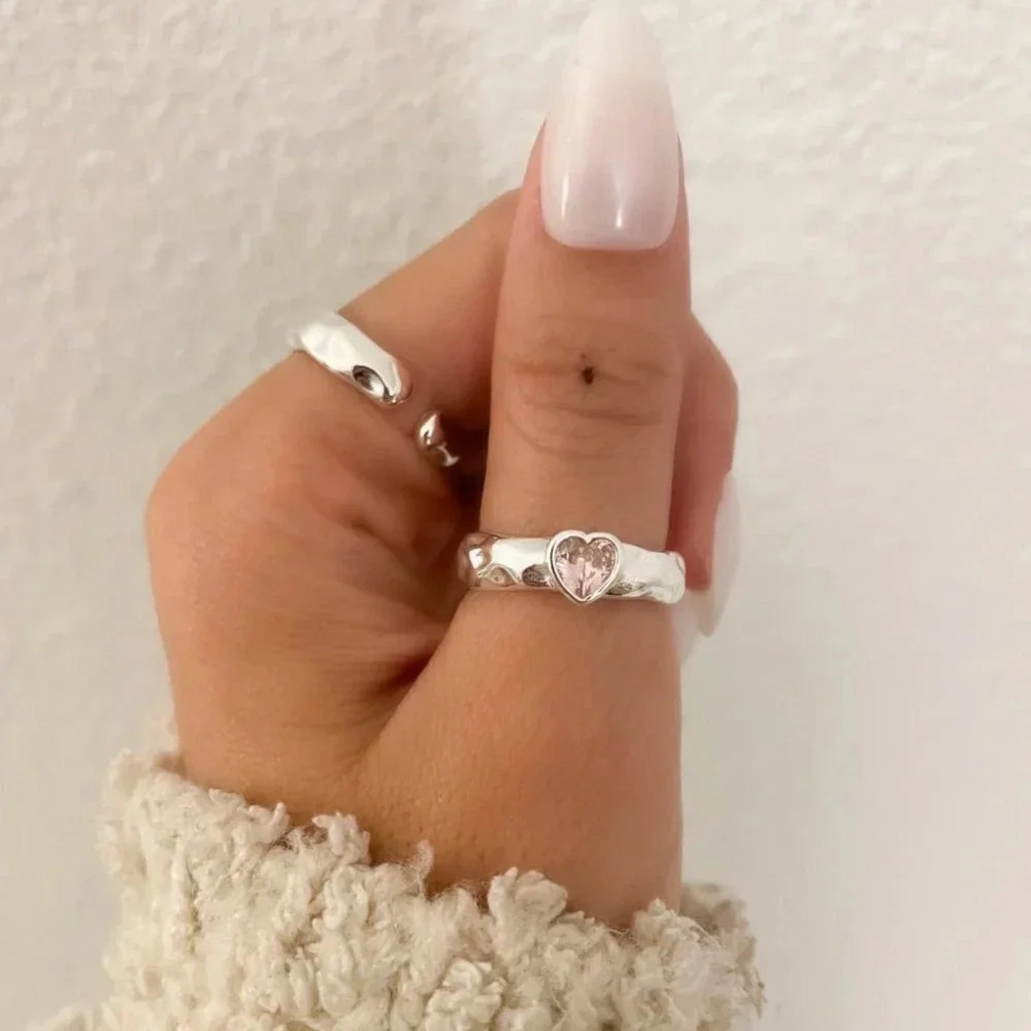 925 Sterling Silver Minimalist Ring Hammered Ring Band Pink Heart Ring