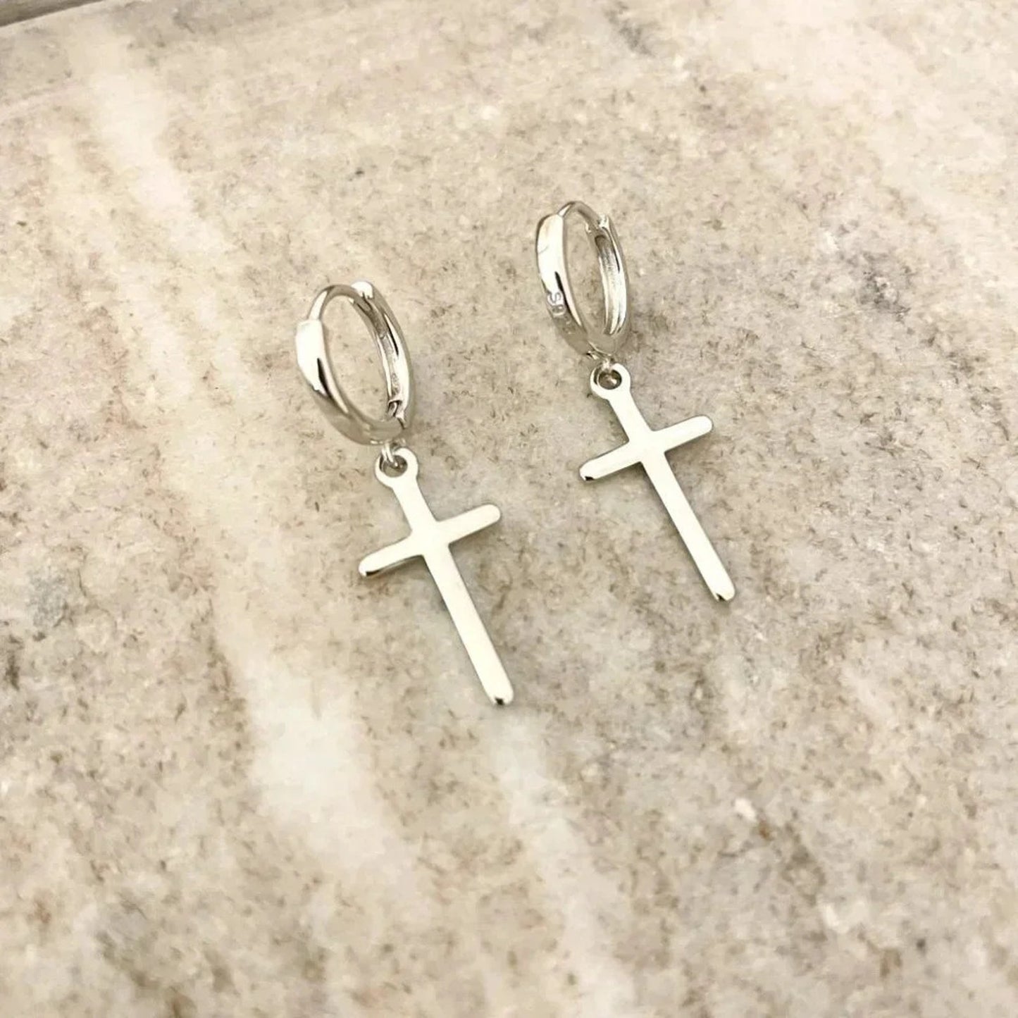 925 Sterling Silver Cross Earrings Cross Huggie Hoop Earrings Minimalist Hoops