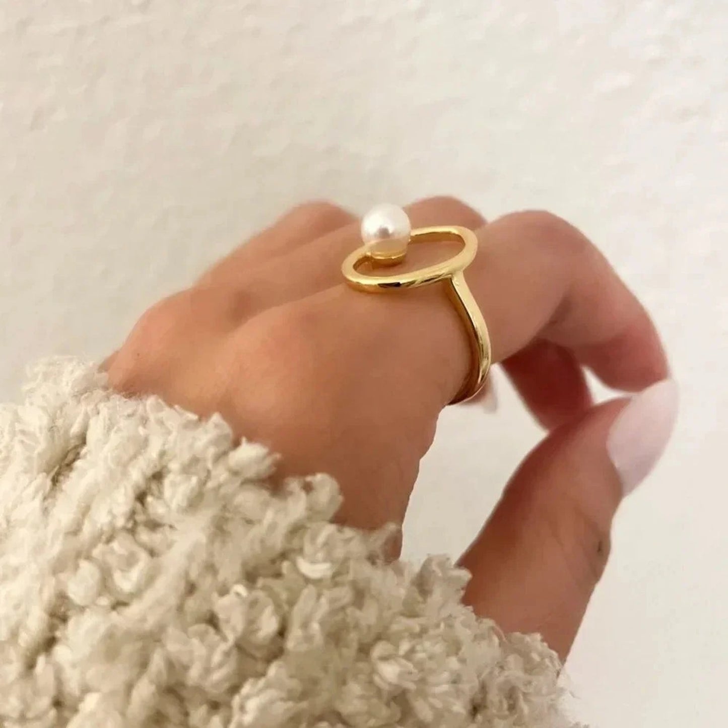 925 Sterling Silver Gold Pearl Statement Ring Boho Minimalist Oval Round Ring