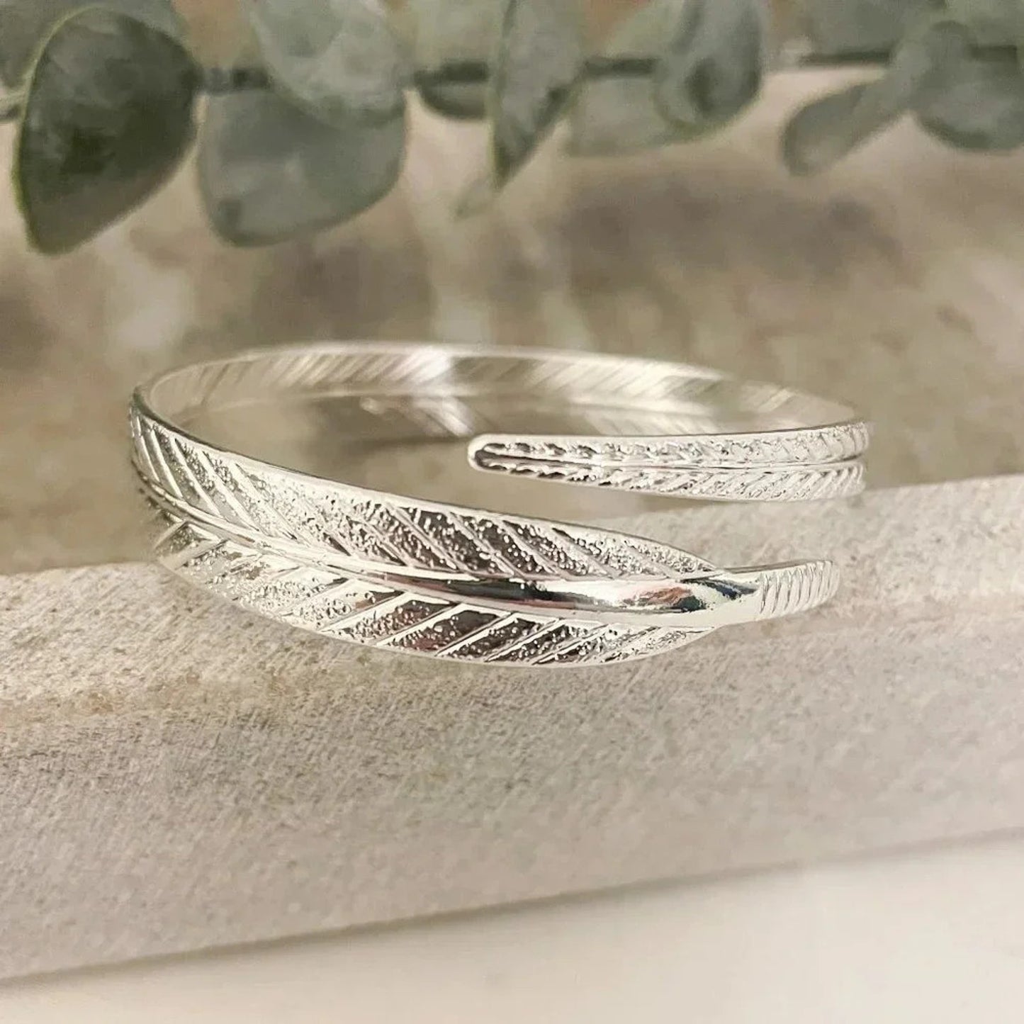 925 Sterling Silver Feather Wrap Bracelet Chunky Wide Large Statement Bracelet