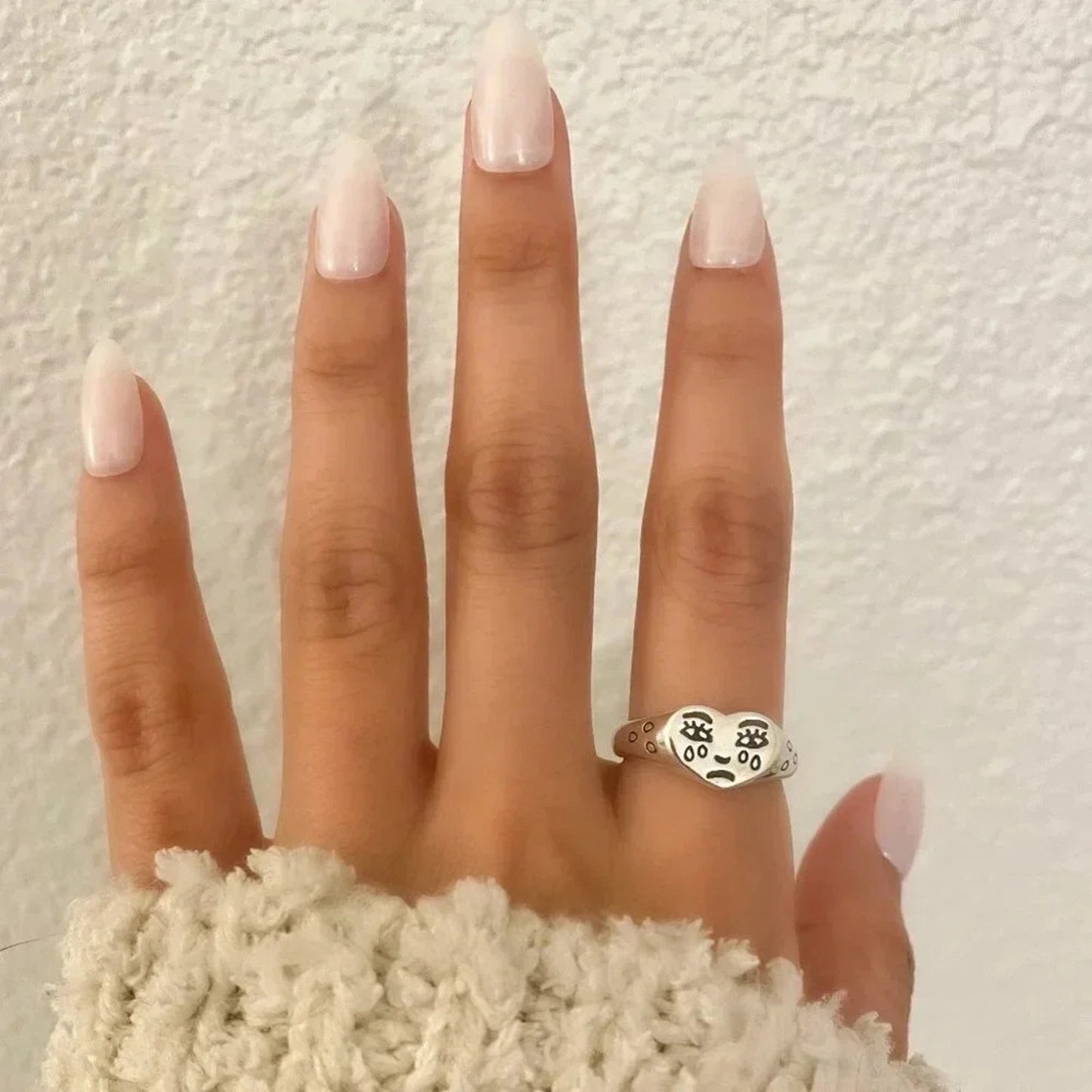 925 Sterling Silver Minimalist Crying Face Ring Sad Face Ring Geometric Ring