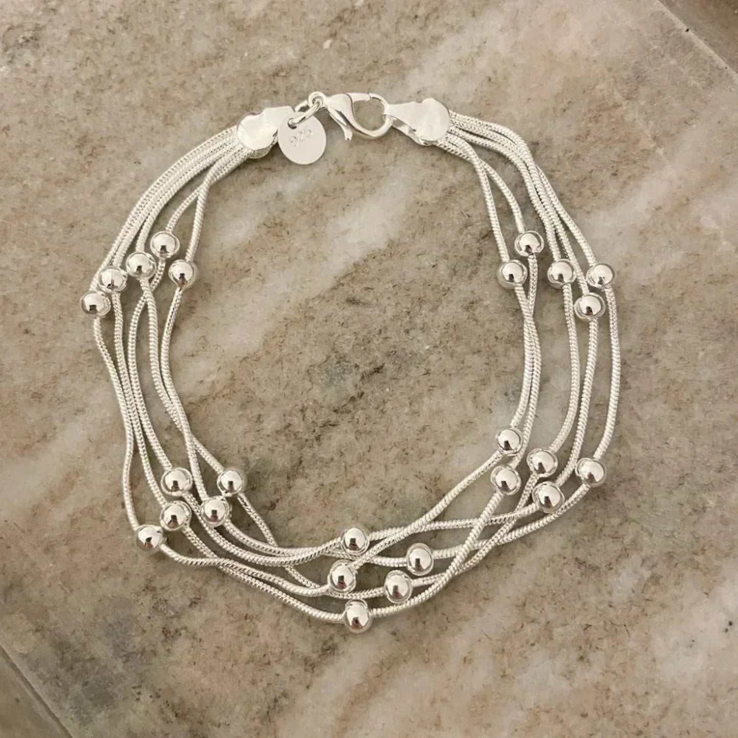 925 Sterling Silver Multi Layer Bead Bracelet Minimalist Stacking Bracelet