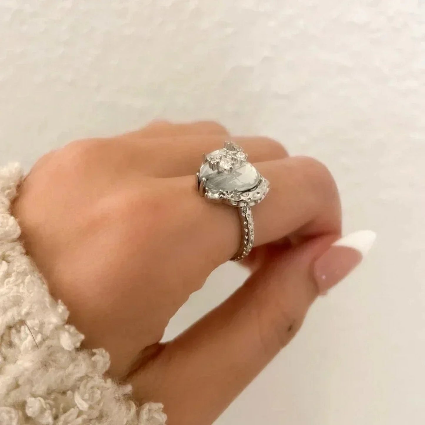 925 Sterling Silver Crystal Heart Ring Geometric Modern Heart Ring Adjustable