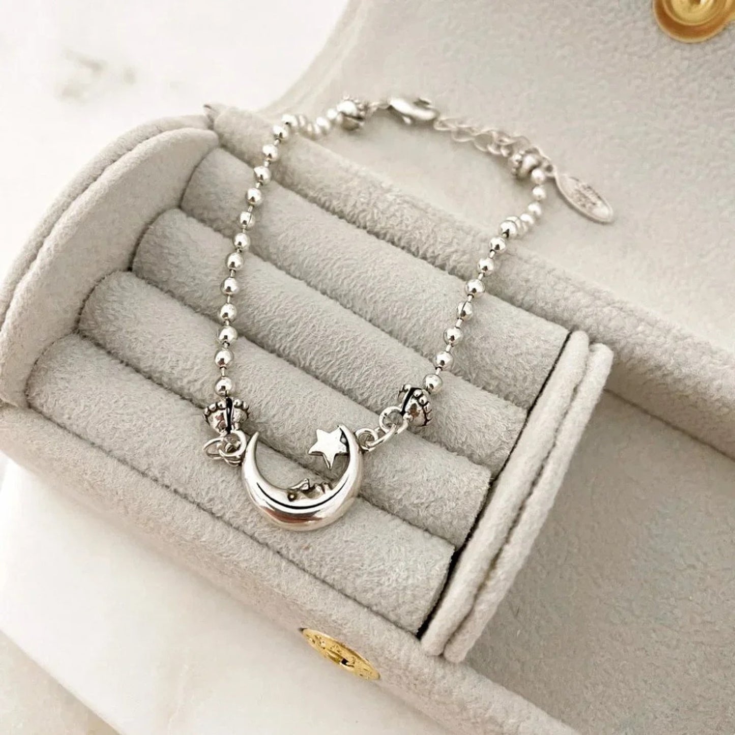 925 Sterling Silver Moon & Star Bracelet Dainty Bracelet Beaded Bracelet