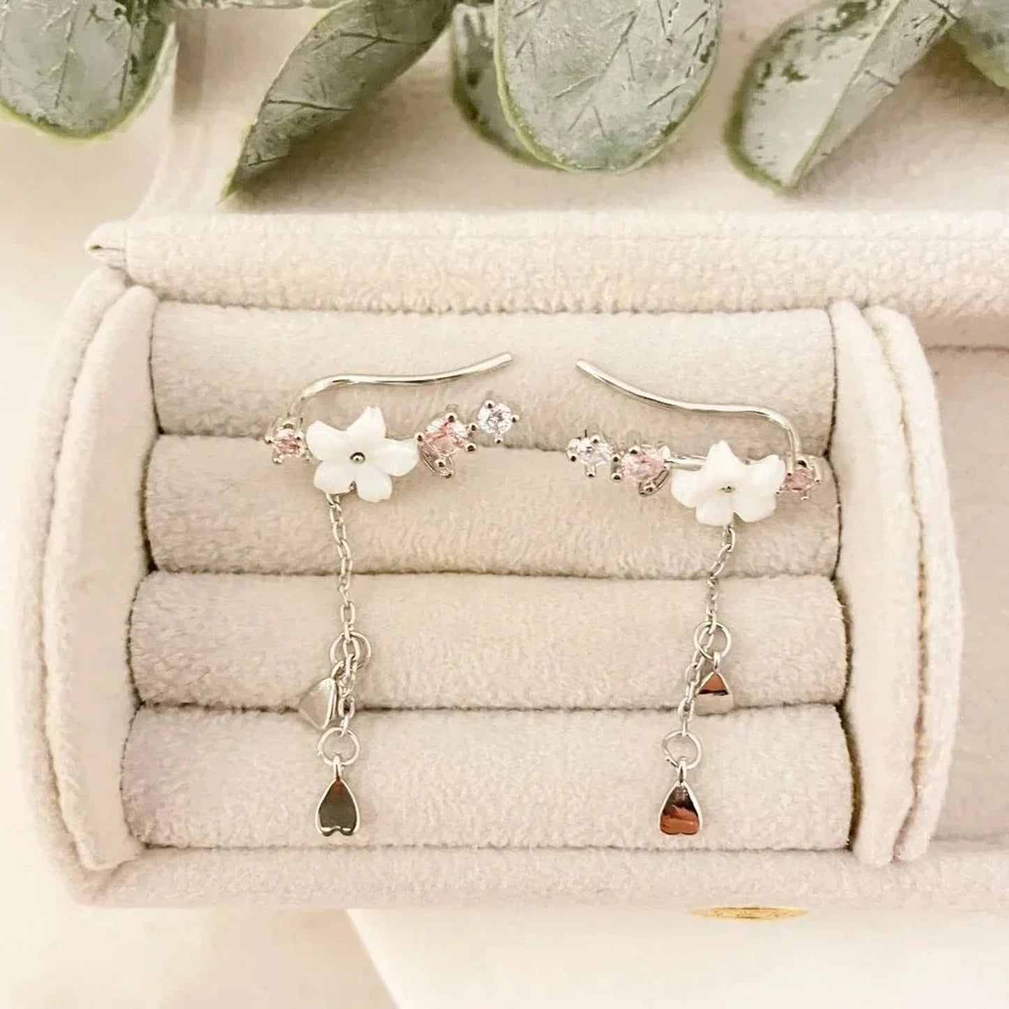 925 Sterling Silver Cherry Blossom Earrings Dangle Flower Petal Drop Earrings