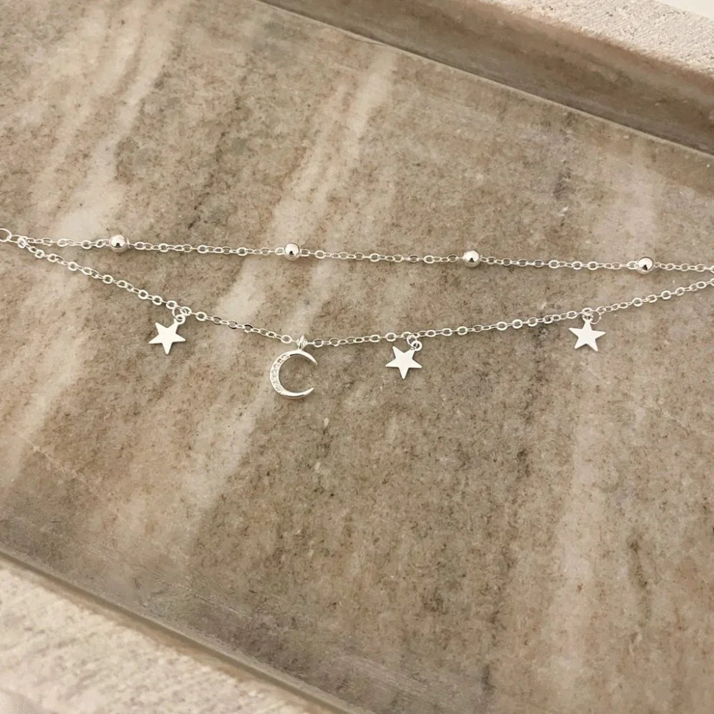 925 Sterling Silver Multi-Layer Bracelet Dainty Moon and Star Bracelet