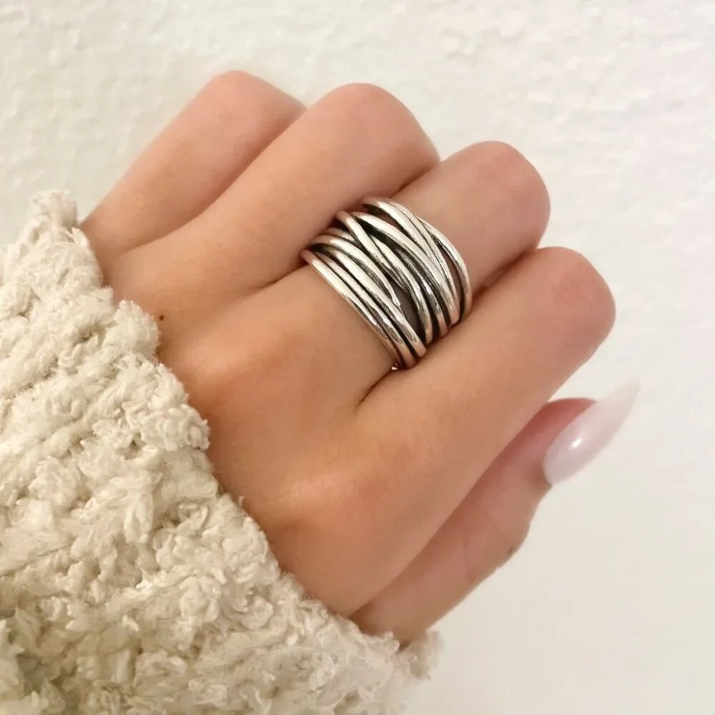 925 Sterling Silver Chunky Ring Thick Wide Ring Band Multi Layer Vintage Ring