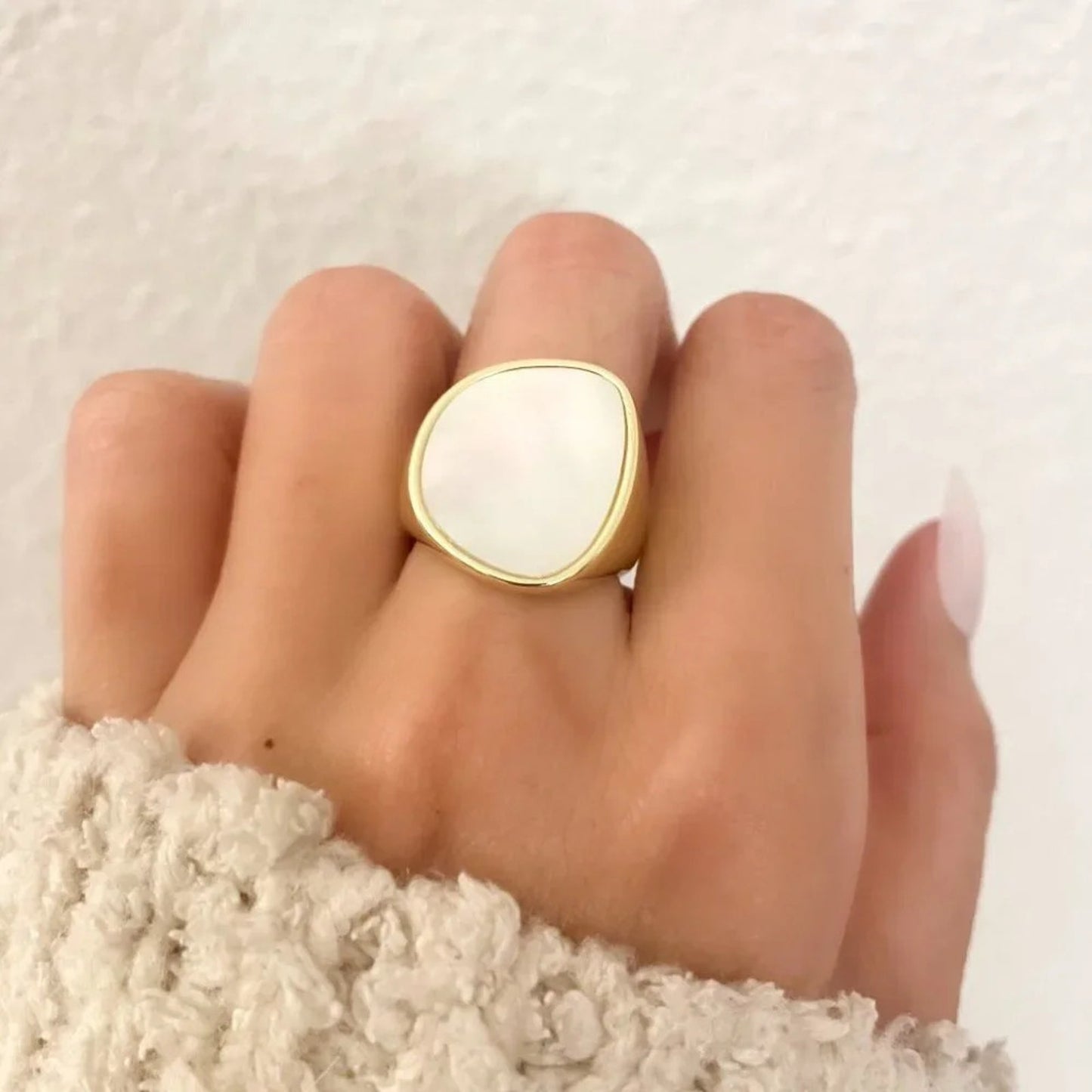 925 Sterling Silver Chunky Mother of Pearl Gold Statement Ring Thick Large Ring