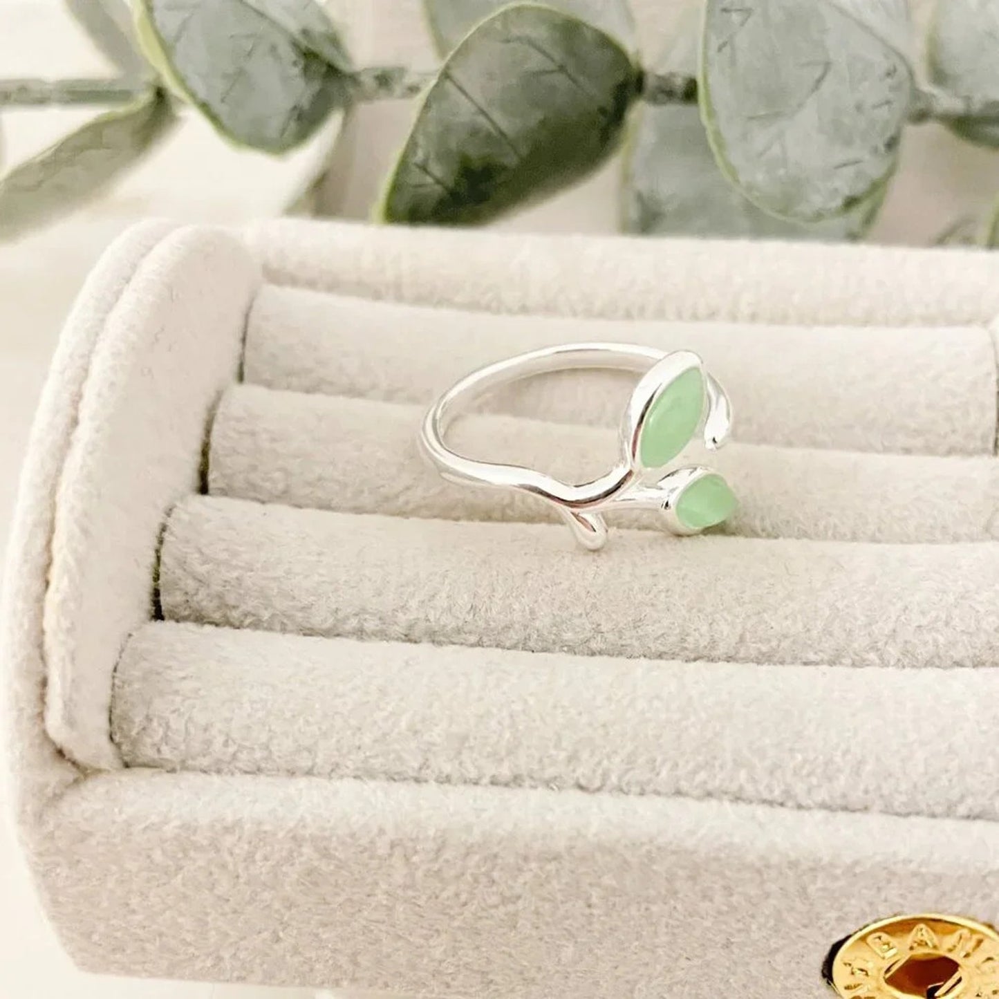 925 Sterling Silver Leaf Ring Green Stone Ring Leaf Ring Twig Ring Dainty Ring