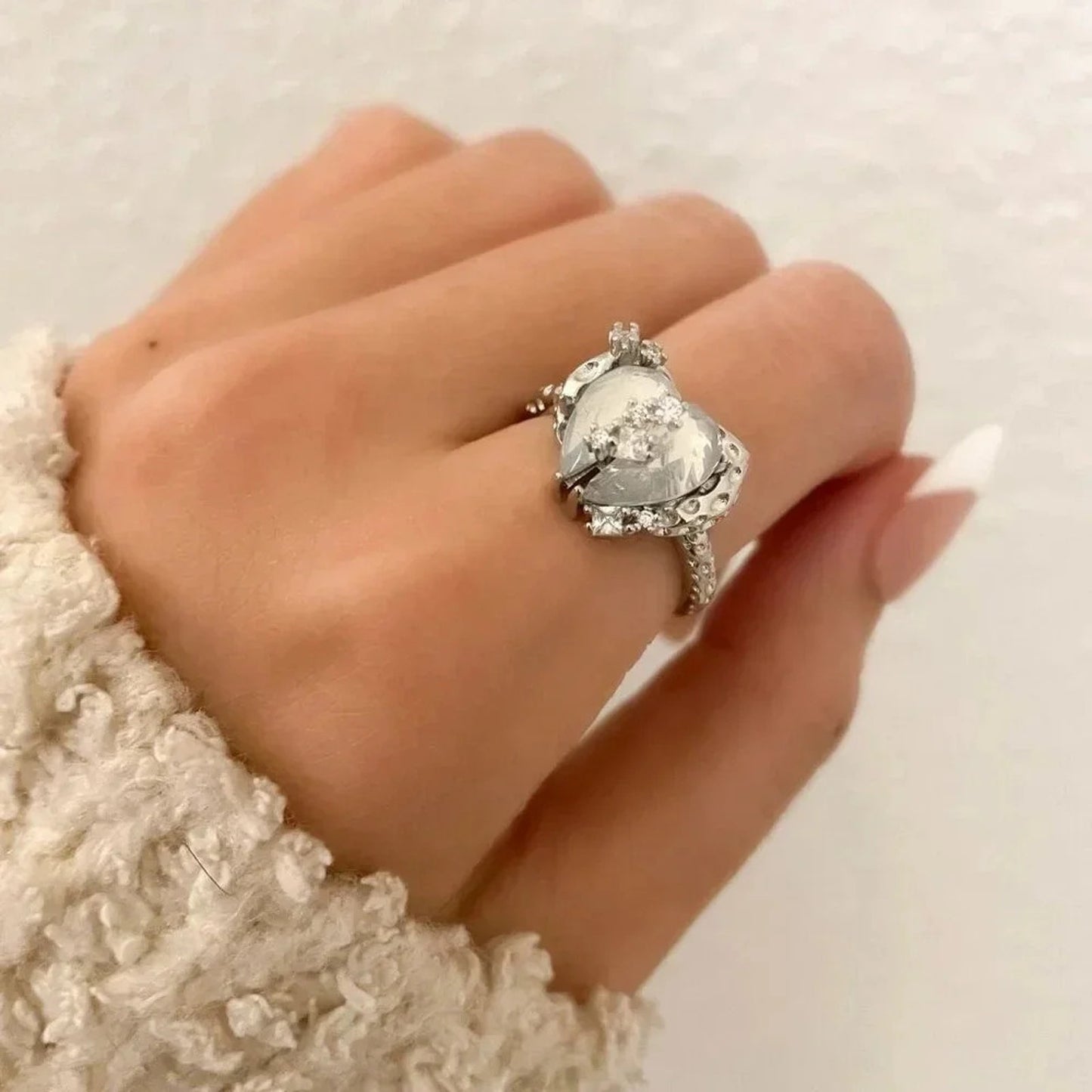 925 Sterling Silver Crystal Heart Ring Geometric Modern Heart Ring Crystal Ring
