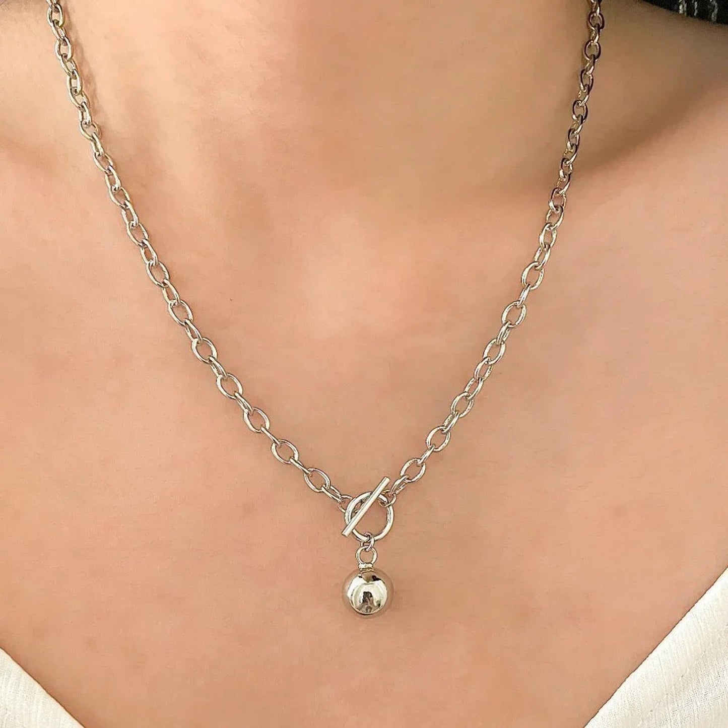 925 Sterling Silver Chunky Toggle Ball Necklace Minimalist Ball Pendant Necklace