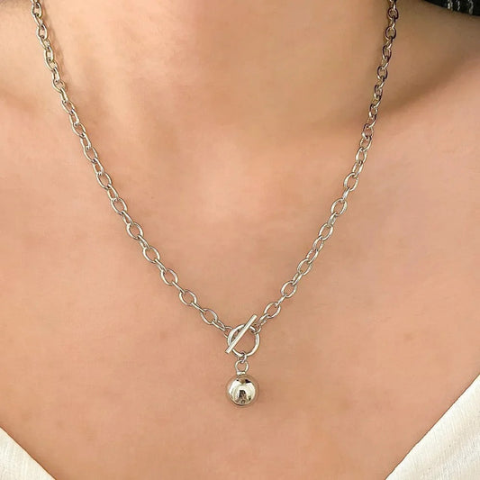 925 Sterling Silver Chunky Toggle Ball Necklace Minimalist Ball Pendant Necklace
